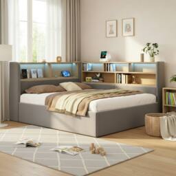 ModernLuxe Double L-shaped ottoman daybed with LED storage headboard in Grey - thumbnail 5
