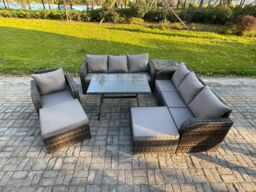 Fimous Wicker 7 Pieces Rattan Garden Furniture Sofa Set with Rectangular Dining Table Armchair 2 Big Footstool Side Table Dark Grey Mixed - thumbnail 1