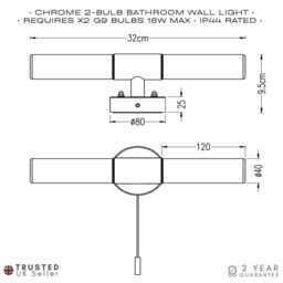 Happy Homewares Modern IP44 Rated Bathroom Wall Light Fitting with Tubular Glass Shades & Pull Switch in Silver - thumbnail 4