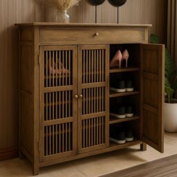FURNOS Large 4 Tier Wooden Shoe Storage Cabinet Organiser in Brown - thumbnail 2