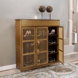 FURNOS Large 4 Tier Wooden Shoe Storage Cabinet Organiser in Brown