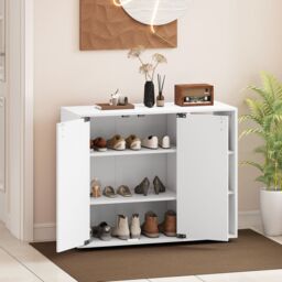 Costway 3-Tier Shoe Storage Rack Shoe Cabinet with Doors in White - thumbnail 1