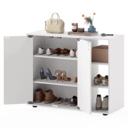 Costway 3-Tier Shoe Storage Rack Shoe Cabinet with Doors in White - thumbnail 3