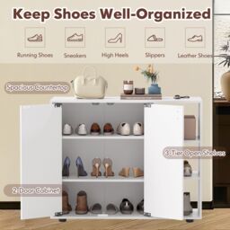 Costway 3-Tier Shoe Storage Rack Shoe Cabinet with Doors in White - thumbnail 6