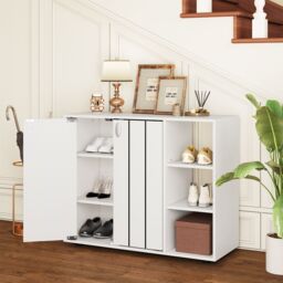Costway 3-Tier Shoe Storage Rack Shoe Cabinet with Doors in White - thumbnail 4