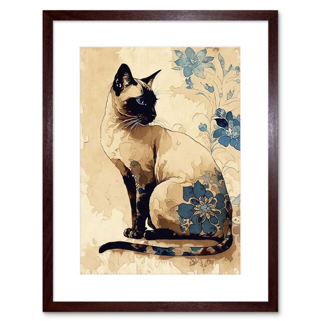 "Artery8 Wall Art Print Siamese Cat with Blue Flowers Watercolour & Ink Modern Artwork Framed 9X7 Inch in Brown - Size: W7"" x H9""" - image 1