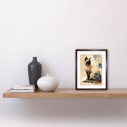 "Artery8 Wall Art Print Siamese Cat with Blue Flowers Watercolour & Ink Modern Artwork Framed 9X7 Inch in Brown - Size: W7"" x H9""" - thumbnail 2