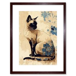 "Artery8 Wall Art Print Siamese Cat with Blue Flowers Watercolour & Ink Modern Artwork Framed 9X7 Inch in Brown - Size: W7"" x H9""" - thumbnail 1