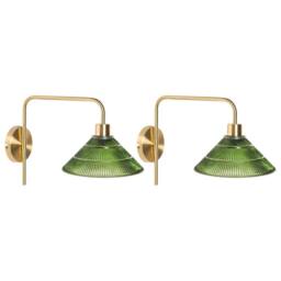 Wyld and Coco Set of 2 Wall Lamps - Gold Metal Base Ribbed Green Glass Shades - thumbnail 2