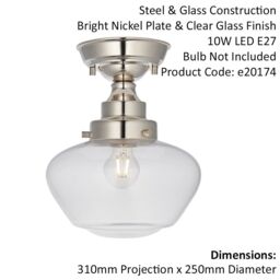 Loops Polished Nickel Semi Flush Ceiling Light Fitting & Clear Glass Shade Low Profile in Metallics - thumbnail 2