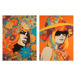 Artery8 Wall Art Print Set of 2 s 1960 1970 Fashion Floral Colourful Bright Vibrant Women 2 Pack Poster Living Room s in Orange - Size: A4 - thumbnail 1