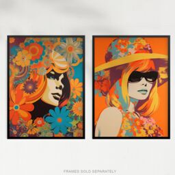 Artery8 Wall Art Print Set of 2 s 1960 1970 Fashion Floral Colourful Bright Vibrant Women 2 Pack Poster Living Room s in Orange - Size: A4 - thumbnail 5