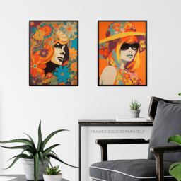 Artery8 Wall Art Print Set of 2 s 1960 1970 Fashion Floral Colourful Bright Vibrant Women 2 Pack Poster Living Room s in Orange - Size: A4 - thumbnail 6