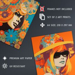 Artery8 Wall Art Print Set of 2 s 1960 1970 Fashion Floral Colourful Bright Vibrant Women 2 Pack Poster Living Room s in Orange - Size: A4 - thumbnail 4