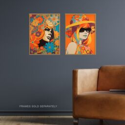 Artery8 Wall Art Print Set of 2 s 1960 1970 Fashion Floral Colourful Bright Vibrant Women 2 Pack Poster Living Room s in Orange - Size: A4 - thumbnail 2