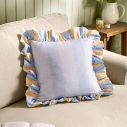Wylder Birdie Stripe 100% Cotton Ruffle Cushion in Light Blue - Size: 45 cm x 45 cm - thumbnail 1