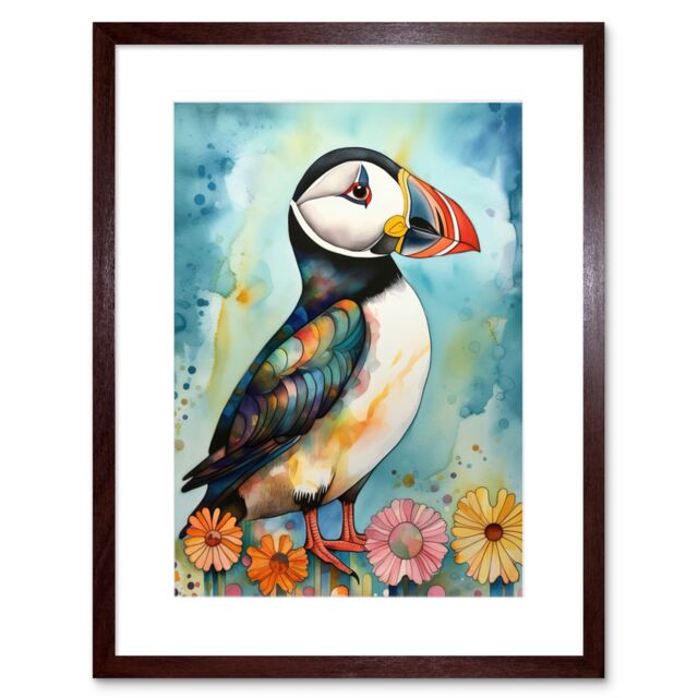"Artery8 Wall Art Print Puffin Bird With Flowers Folk Artwork Framed 9X7 Inch in Brown - Size: W7"" x H9""" - image 1