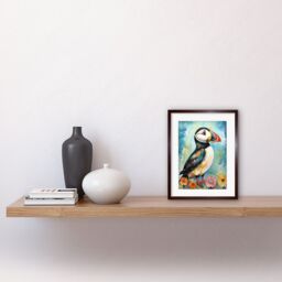 "Artery8 Wall Art Print Puffin Bird With Flowers Folk Artwork Framed 9X7 Inch in Brown - Size: W7"" x H9""" - thumbnail 2