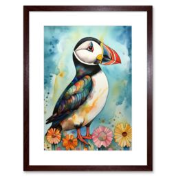 "Artery8 Wall Art Print Puffin Bird With Flowers Folk Artwork Framed 9X7 Inch in Brown - Size: W7"" x H9""" - thumbnail 1