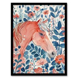 Artery8 Horse in Flower Field Pink Blue Watercolour Framed Wall Art - Size: A4 - thumbnail 1