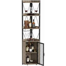 VOGREX Tall Corner Bar Cabinet with 5-Tier Shelves & Wine Glass in Brown
