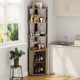 VOGREX Tall Corner Bar Cabinet with 5-Tier Shelves & Wine Glass in Brown - thumbnail 3