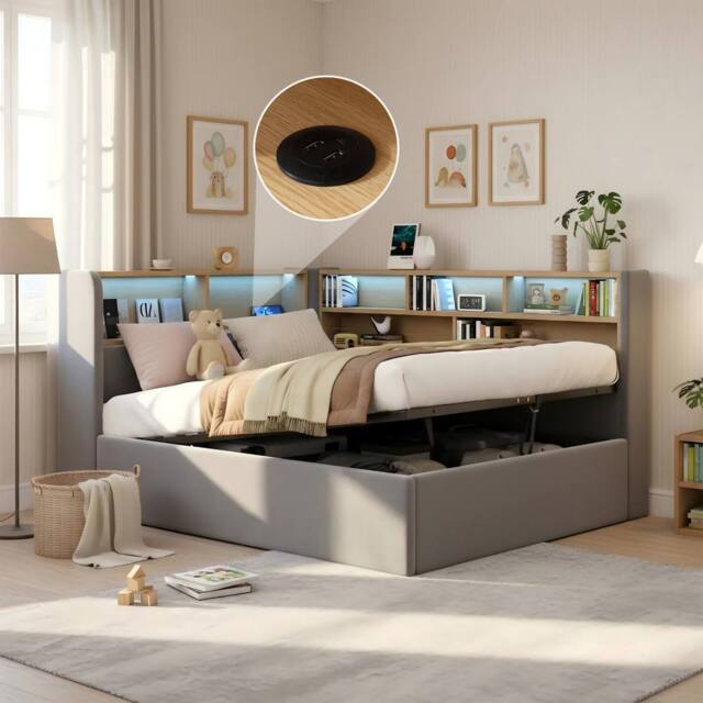 ModernLuxe Single L-shaped ottoman daybed with LED storage headboard in Grey - image 1