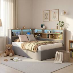 ModernLuxe Single L-shaped ottoman daybed with LED storage headboard in Grey - thumbnail 4