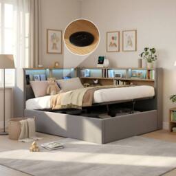 ModernLuxe Single L-shaped ottoman daybed with LED storage headboard in Grey