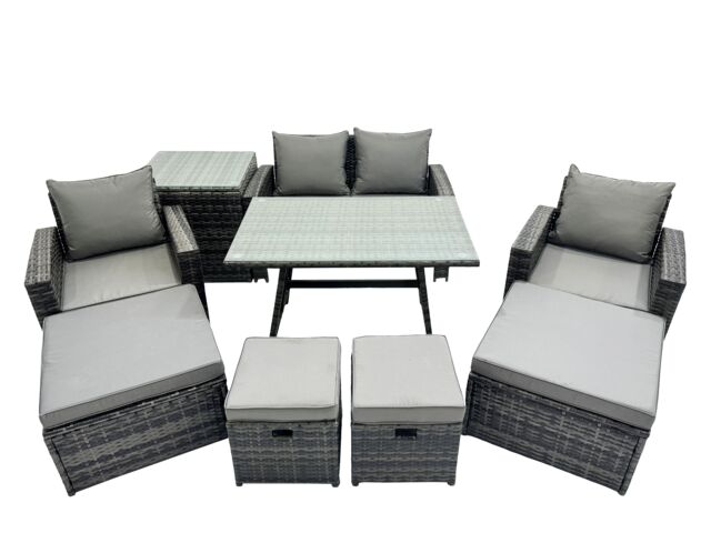 Fimous 8 Seater Outdoor Table Double Seat Sofa Side Table 4 Stools Set in Dark Grey - image 1