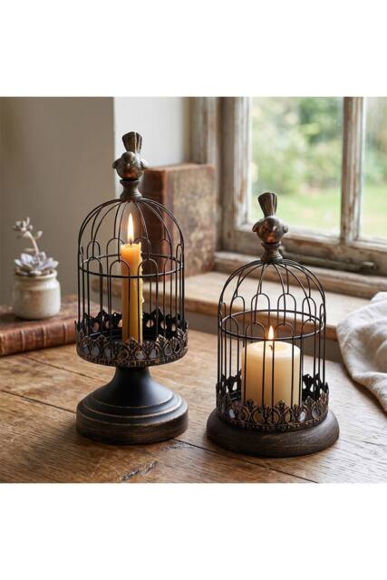 Living and Home 2pcs Vintage-Style Candlesticks Birdcage Candle Holders in Black - image 1