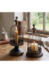 Living and Home 2pcs Vintage-Style Candlesticks Birdcage Candle Holders in Black