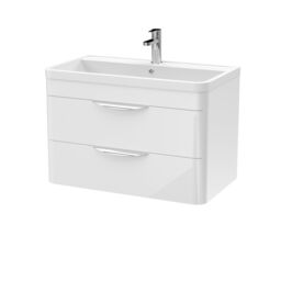 Balterley Bathroom Wall Hung 2 Drawer Vanity Unit & Ceramic Basin, White, 810mm in White