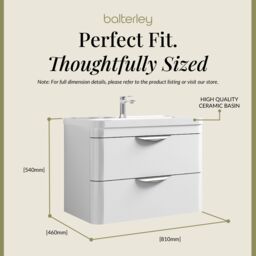 Balterley Bathroom Wall Hung 2 Drawer Vanity Unit & Ceramic Basin, White, 810mm in White - thumbnail 5