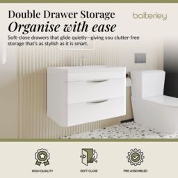 Balterley Bathroom Wall Hung 2 Drawer Vanity Unit & Ceramic Basin, White, 810mm in White - thumbnail 2