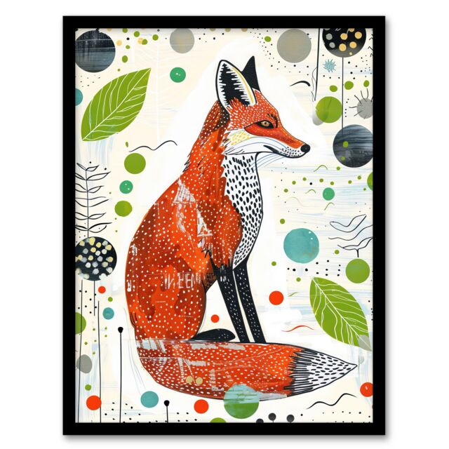 "Artery8 Fox Folk Art Simple Bright Abstract Design Framed Art Print in Orange - Size: W12"" x H16""" - image 1