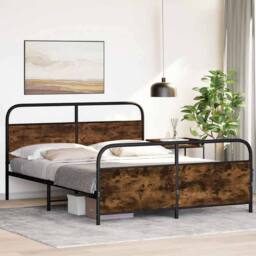 Berkfield Home Metal Bed Frame without Mattress Smoked Oak 160x200 cm in Brown - thumbnail 4