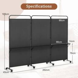 VOGREX Black Costway 188cm Rolling 3-Panel Folding Privacy Room Divider - thumbnail 3