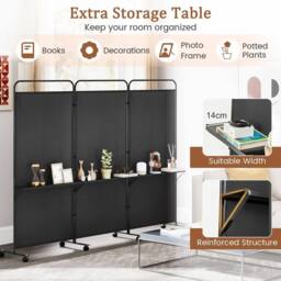 VOGREX Black Costway 188cm Rolling 3-Panel Folding Privacy Room Divider - thumbnail 6