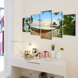 Berkfield Home Modern Canvas Wall Print Set Sand Beach with Hammock 200 x 100 cm - thumbnail 3