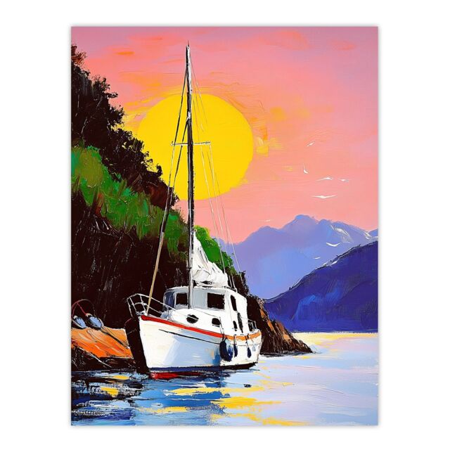 "Artery8 Harbour Sunset Docked Sailboat Coastal Landscape Wall Art Print - Size: W12"" x H16""" - image 1