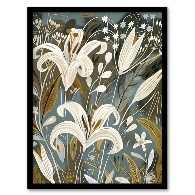 "Artery8 White Lilies Flower Blooms Floral Artwork Framed Art Print in Grey - Size: W12"" x H16""" - image 1