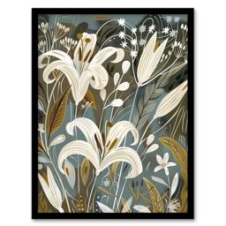 "Artery8 White Lilies Flower Blooms Floral Artwork Framed Art Print in Grey - Size: W12"" x H16""" - thumbnail 1