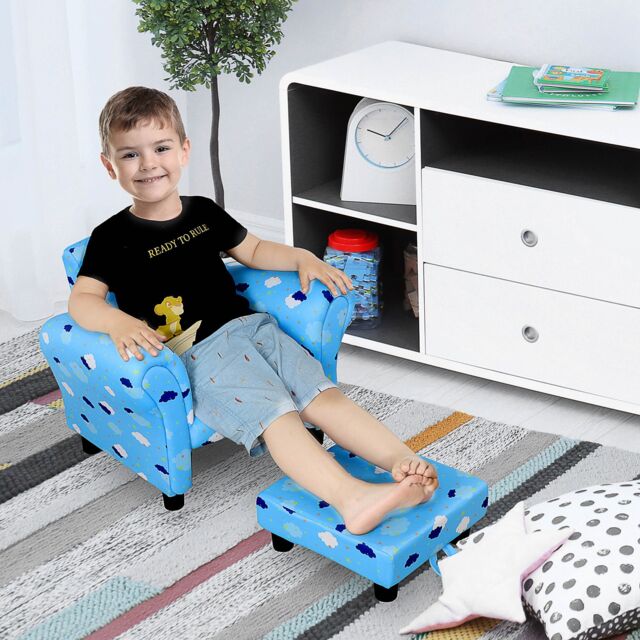 HOMCOM Kids Armchair Children Mini Sofa Wood Frame w/ Footrest Cute Cloud Star in Blue - image 1