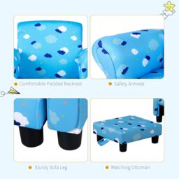 HOMCOM Kids Armchair Children Mini Sofa Wood Frame w/ Footrest Cute Cloud Star in Blue - thumbnail 4
