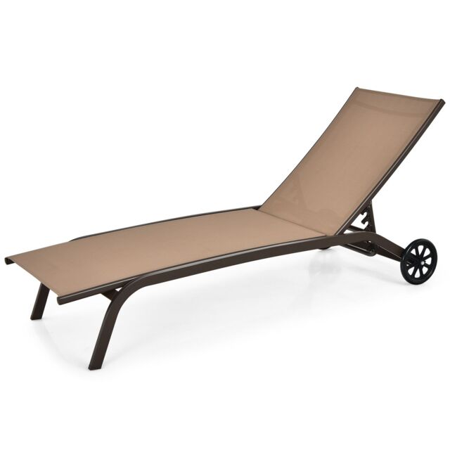 Gymax Adjustable Recliner Patio Chaise Lounge Chair With Wheels Quick-drying in Khaki - image 1