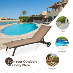 Gymax Adjustable Recliner Patio Chaise Lounge Chair With Wheels Quick-drying in Khaki - thumbnail 3