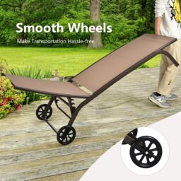 Gymax Adjustable Recliner Patio Chaise Lounge Chair With Wheels Quick-drying in Khaki - thumbnail 6