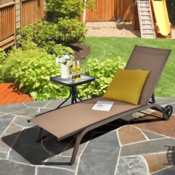 Gymax Adjustable Recliner Patio Chaise Lounge Chair With Wheels Quick-drying in Khaki - thumbnail 7
