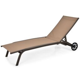Gymax Adjustable Recliner Patio Chaise Lounge Chair With Wheels Quick-drying in Khaki - thumbnail 1